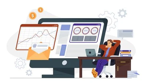 Man relaxing at desk with analytics screen. Vector illustration Illustrazione stock