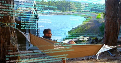 Man relaxing in hammock by lake with programming code overlay animation Stock Footage 306264869