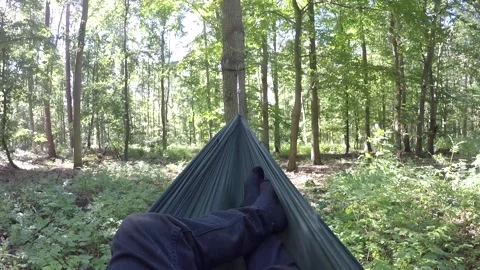 Man Relaxing in Hammock while Camping in the Woodland Forest Stock Footage 306871111