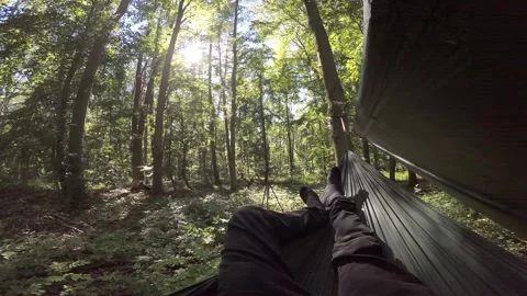 Man Relaxing in Hammock while Camping in the Woodland Forest Stock Footage 306871186
