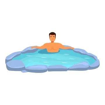 Man relaxing in hot spring surrounded by rocks Illustrazione stock