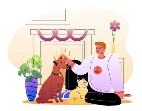 Man relaxing with pets by fireplace. Vector illustration Illustrazione stock