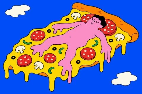 Man Relaxing on Pizza Slice Stock Illustration