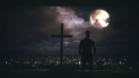 Man Religious Cross Moonlight Top View City Skyline Vídeo Stock 238471877