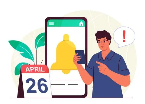 Man with reminder. Young guy with smartphone with bell and calendar. Time 스톡 일러스트