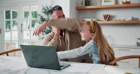 Man, remote work and hug child with phone call, greeting parent and multitasking Stock Footage 337762288