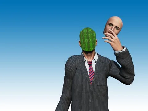 Man removes face to reveal binary streams Stock Illustration