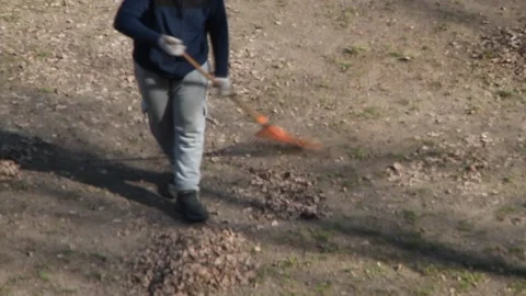 A man removes leaves from his plot with a rake in spring Video stock 266502953