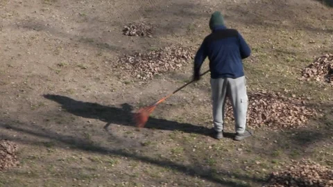 A man removes leaves from his plot with a rake in spring Vídeos de archivo 266503283