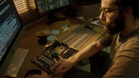 Man Removing Cooler, Lifting CPU Socket Lid on Motherboard, Sitting at Desk Stock Footage 302190736