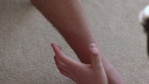 Man removing the first tick lodges in a persons leg after walking through grass Stock Footage 310768130