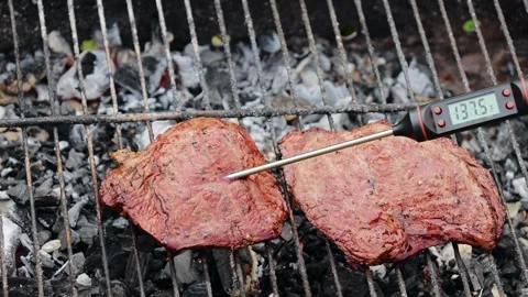 Man removing a meat thermometer when steak reaches medium doneness on a grill Stock Footage 295273386