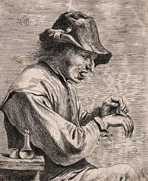 A man removing a plaster from his hand. Etching attributed to D. Teniers, t.. Stock Illustration