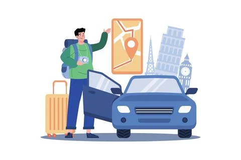 A man rents a car to explore new places. Stock Illustration