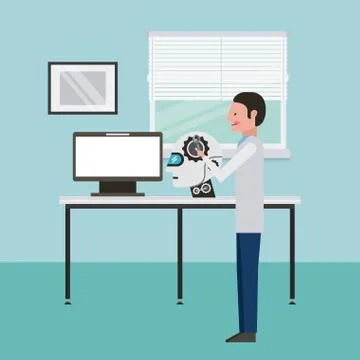 Man repairing robot engineer brain settings artificial intelligence Stock Illustration