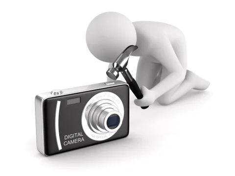 Man repairs compact digital camera. Isolated 3D image on white Illustrazione stock