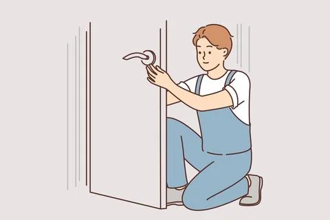 Man repairs door by changing lock to prevent criminals from entering apartment Stock Illustration