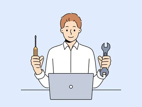 Man repairs laptop after breakdown and holds screwdriver and wrench, working as Stock Illustration