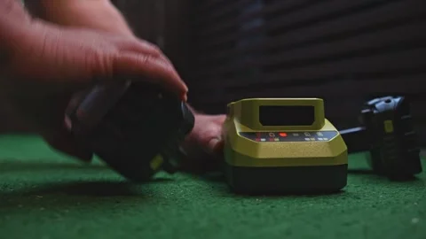 Man replacing battery on power tool charger for cordless equipment Stock Footage 333959449
