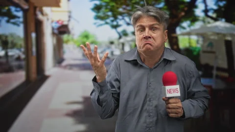 Man reporter holding red microphone, finger to temple during street intervi.. Stock Footage 337429695