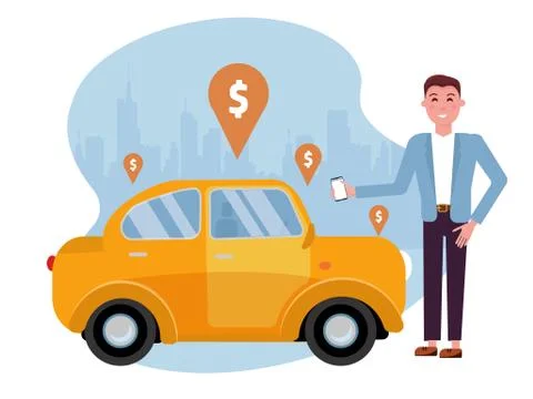 Man requesting ride on cell phone. Rent a car using mobile app. Online carshe Illustrazione stock