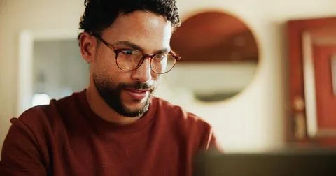 Man, research and glasses with laptop in home for remote work, schedule planning Stock Photos