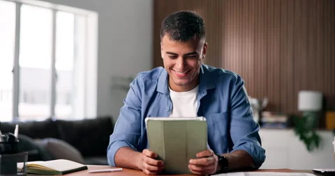 Man, research and remote work in home with tablet, browsing website or planning Stock Footage 330906272