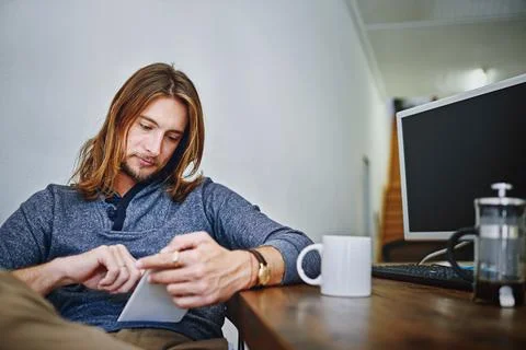 Man, research and scroll in office with tablet, planning and check AI softw.. Stock Photos