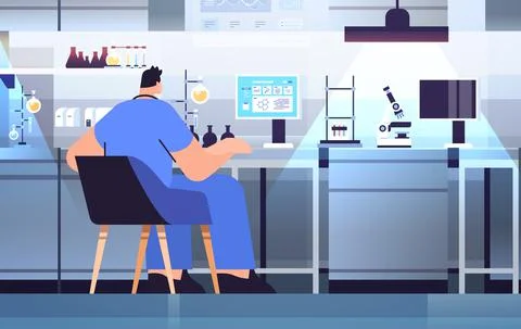 Man research scientist working with test tube in lab researcher making chemical Illustrazione stock
