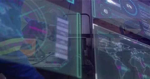 Man responding to fluctuating holographic tech dashboards at desk filtering data Vídeos de archivo 317275328