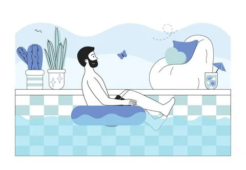Man rest in pool. Young guy on inflatable blue lifebuoy in swimming pool Stock Illustration