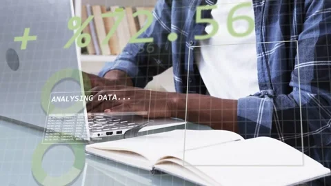 Man resting hands then typing on laptop, animating green numbers overlay, Stock Footage 334744456