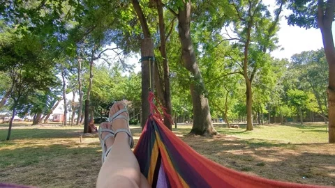 A man is resting in a park on a hammock among the trees on a clear sunny day Stock Footage 244665542