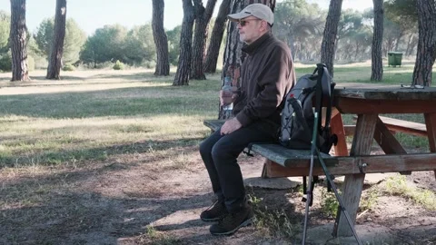 Man Resting at a Picnic Table in a Forested Park Area Stock Footage 310299415