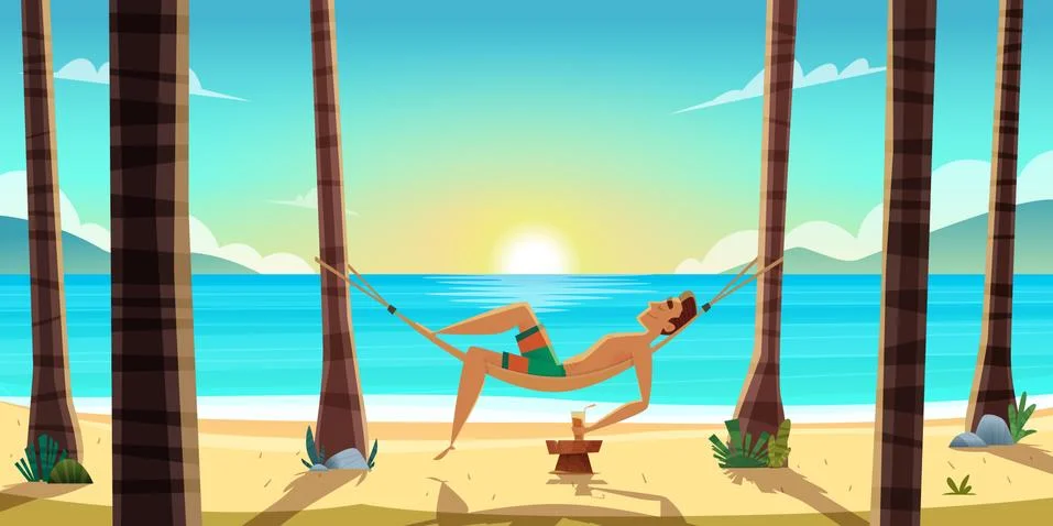 Man is resting on sandy beach, drinking cocktail under heat of sun,coconut trees Stock Illustration