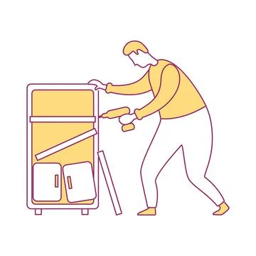 Man restoring broken bookcase semi flat color vector character Stock Illustration