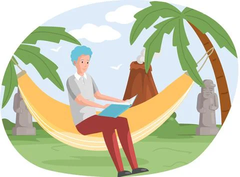 Man rests sits on hammock and reads, studies book. Leisure, pastime at home or Stock-Illustration