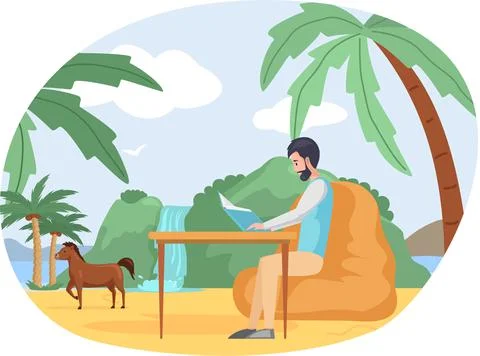 Man rests sits at table and reads outdoor, studies book. Leisure, pastime at Illustrazione stock