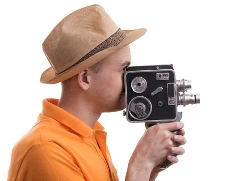 Man with retro camera isolated on white background Stock Photos