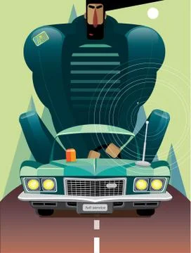 Man in retro car on the road Stock Illustration