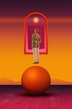 Man in retro suit balancing on sphere under archway with curtains, matching the Stock Illustration