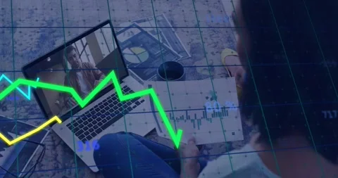 Man reviewing data, peer on laptop speaking, causing animated finance lines over Vídeo Stock 333998653