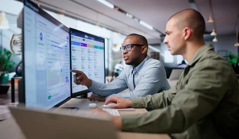 Man Reviewing Employee Performance Data On Computer Using Analytics Tools. Stock Photos