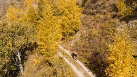 Man ride bicycle on the mountain road shot by drone Видео 139956899