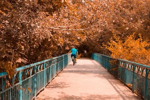 A man rides a bridge on a bicycle Stock Photos