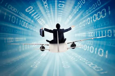 Man riding airplane in binary code 库存照片