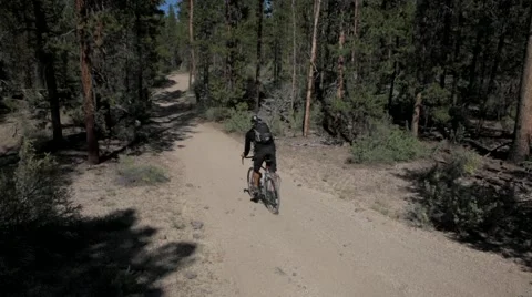 Man riding bicycle on road in forest Stock Footage 49012144