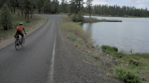 Man riding bicycle on road through forest Stock Footage 49012646