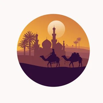 Man riding camel with mosque circle Background Stock Illustration