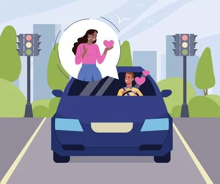 Man riding on date. Young man sits behind wheel of black car and thinks about Stock Illustration